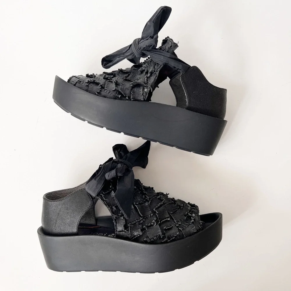 Papucei Platform Sandals Size 41 Black Woven Fringe Leather Ankle Tie Artsy Goth